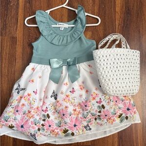 Floral Kids Dress with Bow - Green and White